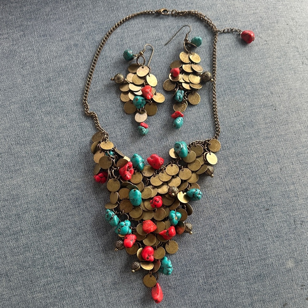 Chic brass and Turquoise Necklace with Red Accents